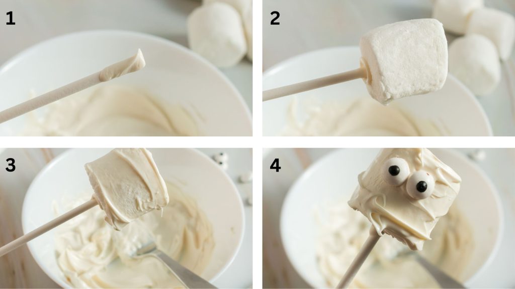 four pictures showing the process. The first one shows a lollipop stick with melted white chocolate on it. The second shows the marhsmallow on the stick. The thrid one shows the marshmallow covered in melted chocolate and the last one shows the marshmallow with candy eyes