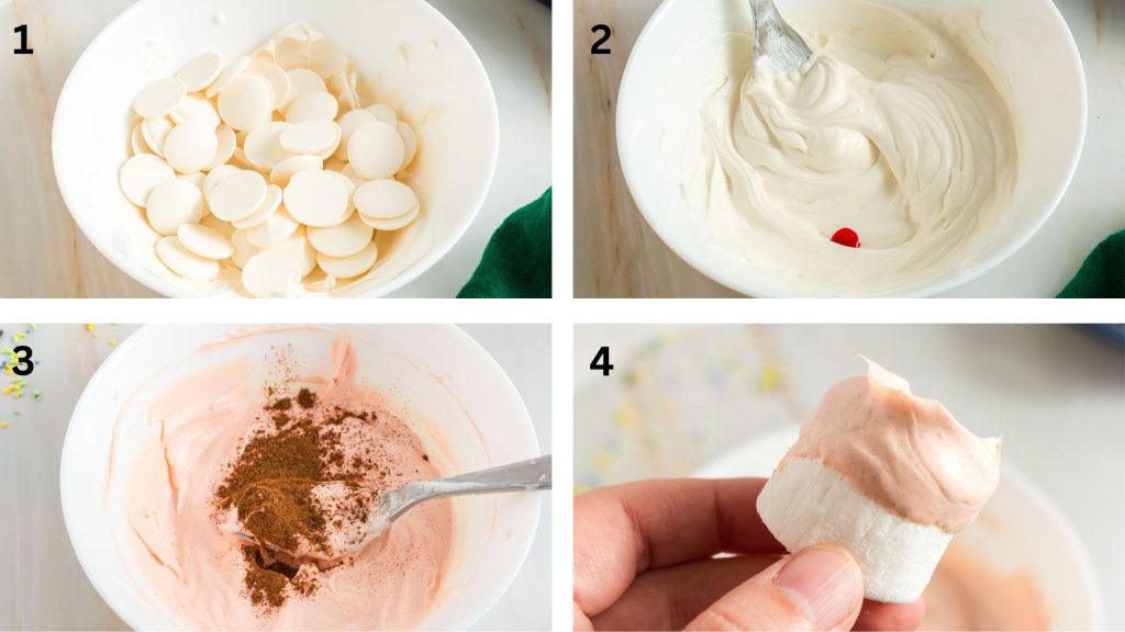 Four pictures. The first one shows the candy chips in a bowl. The second shows the melted candy chips with a drop of orange food coloring. The first is brown powder mixed into a bowl of o range colored chips and the last is a marshmallow half dipped in the orange frosting. 