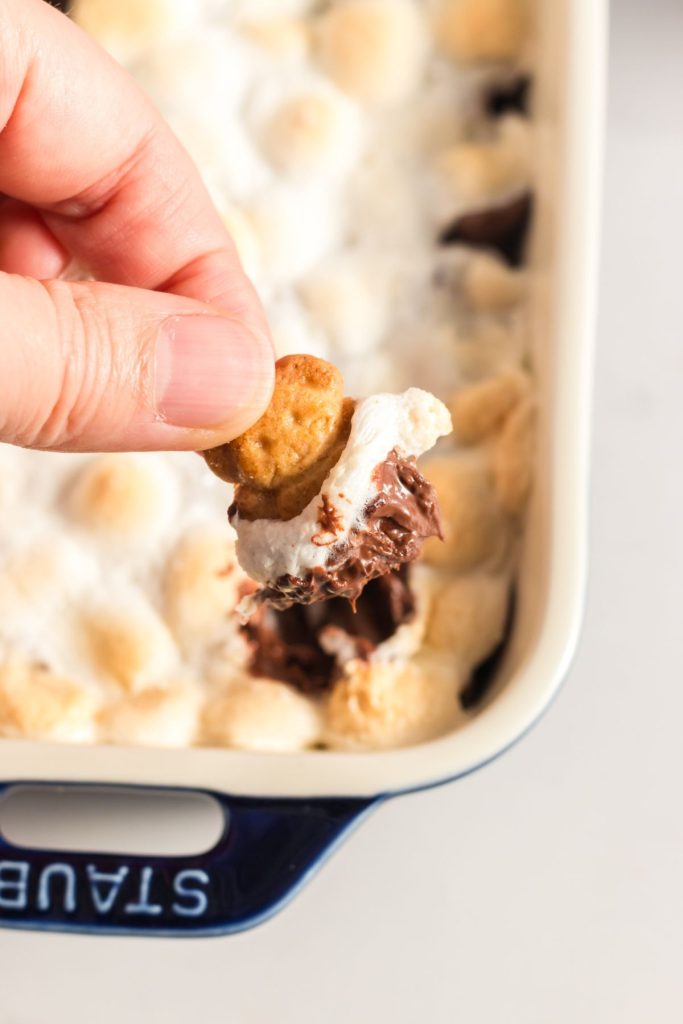 a teddy bear shaped graham cracker dipped into melted chocolate and toasted marshmallows